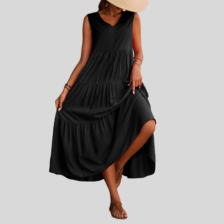 Damen Maxi-Kleid | Ärmelloses Design, V-Ausschnitt, Stufenrock & Sommerlich Eleganter Stil
