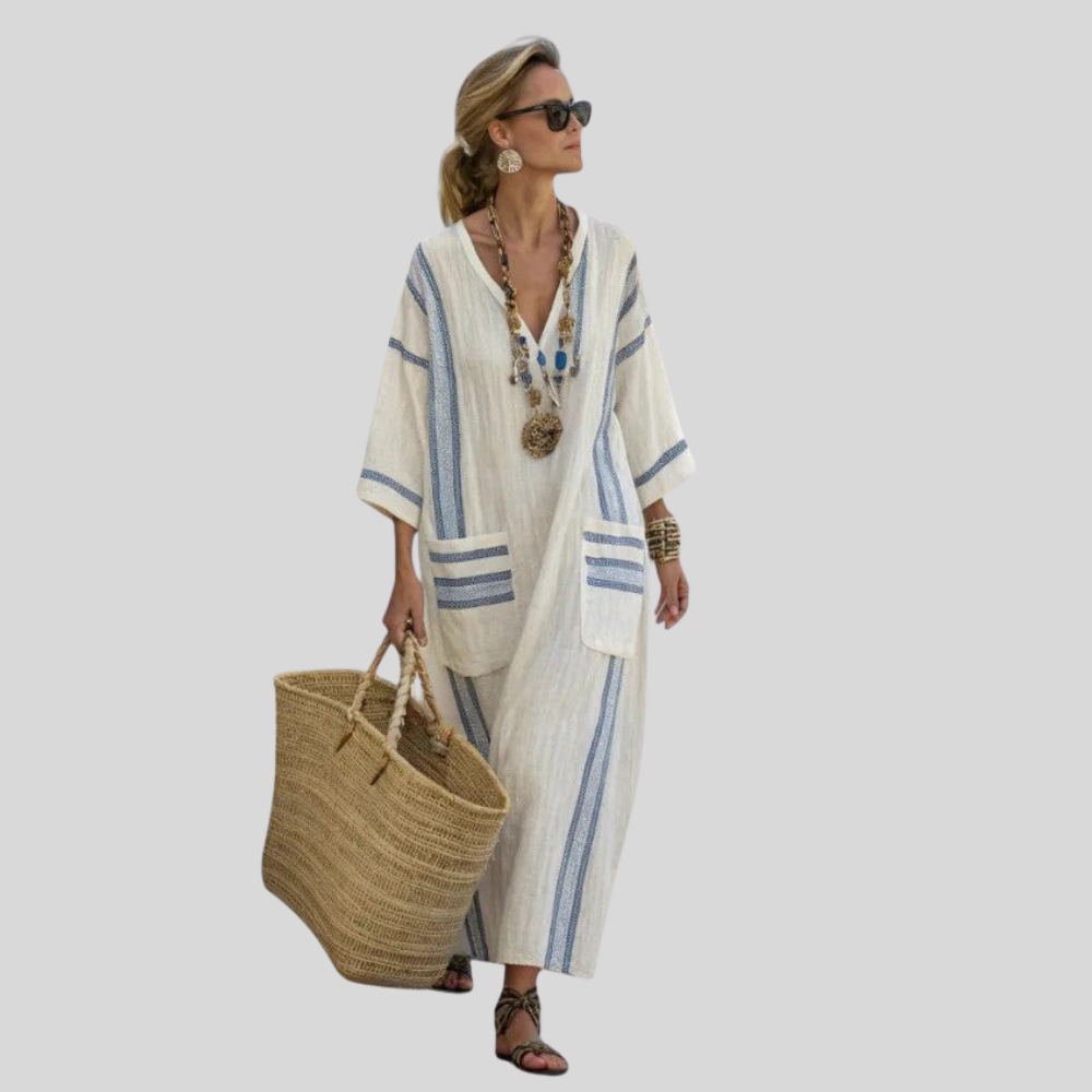 Damen Maxi-Kaftankleid | V-Ausschnitt, Lockerer Schnitt, Resort-Stil & Sommerlich Elegante Ausstrahlung