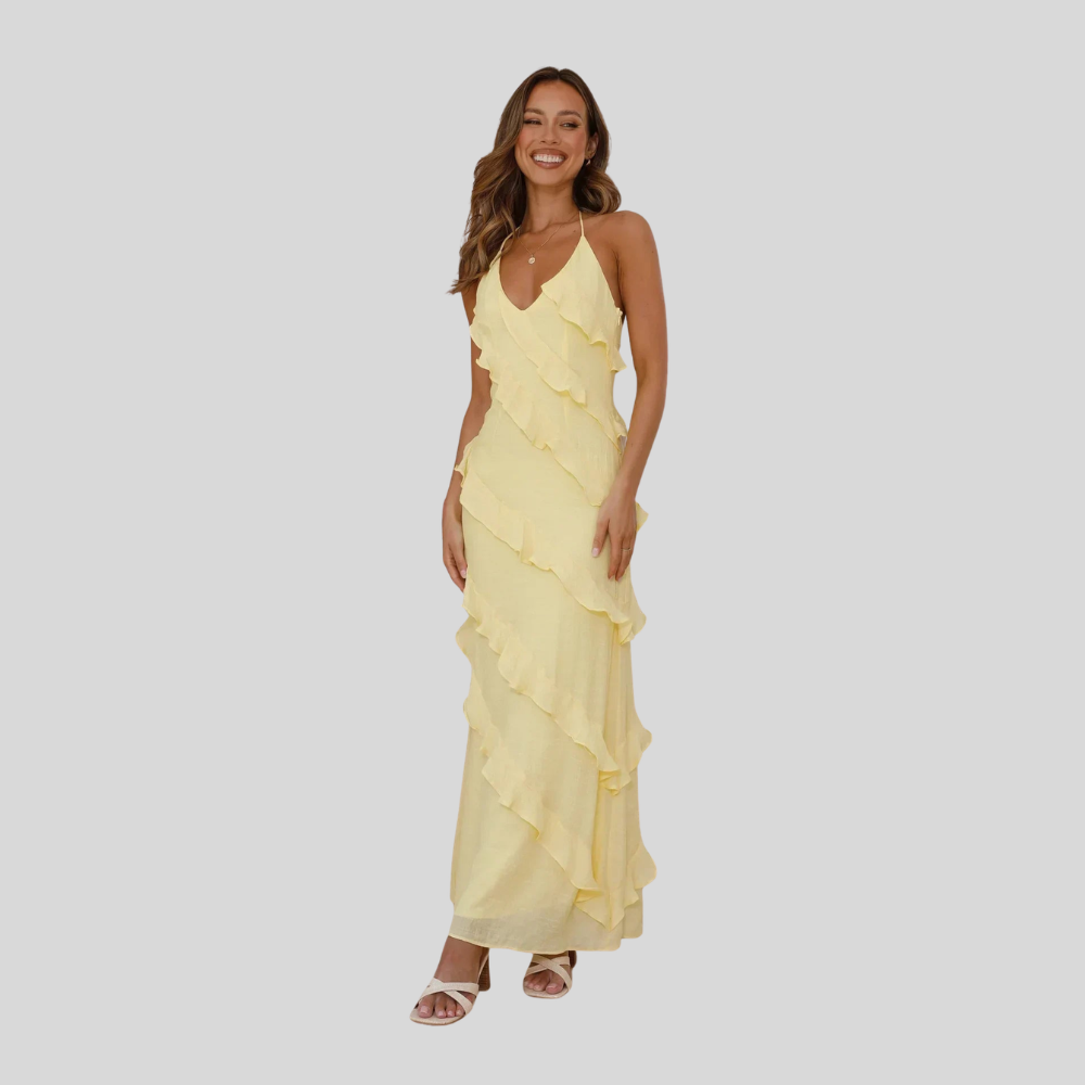 Damen Maxi-Kleid | Volantdesign, Spaghettiträger, Fliessende Silhouette & Sommerlich Eleganter Stil