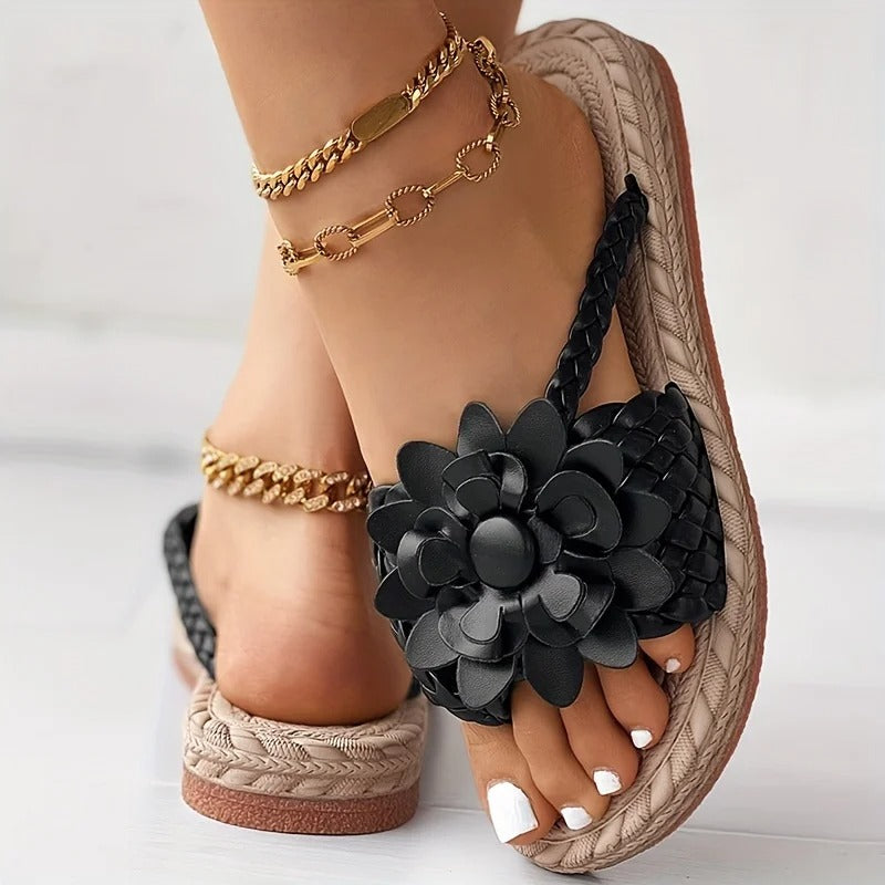 Damen Blumen-Flachsandalen – Geflochtene Riemen, Weiches Futter & Feminin