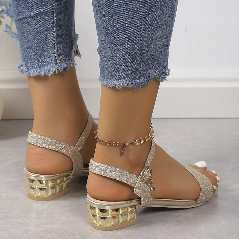 Damen Glitzer-Sandalen – Funkelnde Riemen, Quadratischer Absatz & Elegant