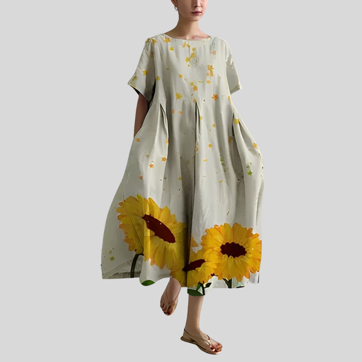 Damen Midi-Kleid | Abstrakter Blumenprint, Lockerer Schnitt, Kurzarm & Künstlerisch Modernes Design