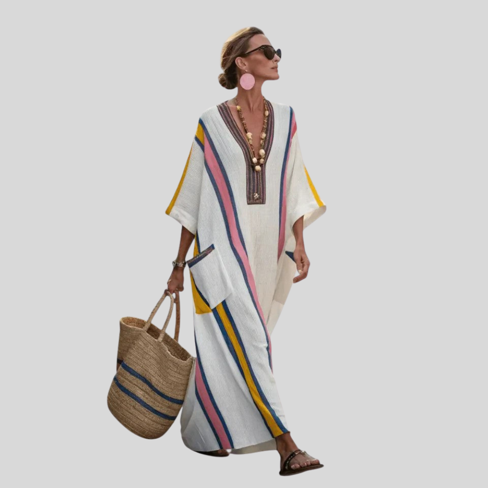 Damen Maxi-Kaftankleid | V-Ausschnitt, Lockerer Schnitt, Resort-Stil & Sommerlich Elegante Ausstrahlung