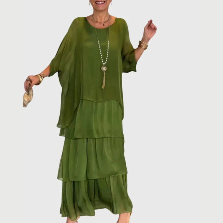 Damen Maxi-Kleid | Lagenlook-Design, Farbverlauf-Muster, Fliessende Silhouette & Künstlerisch Eleganter Stil
