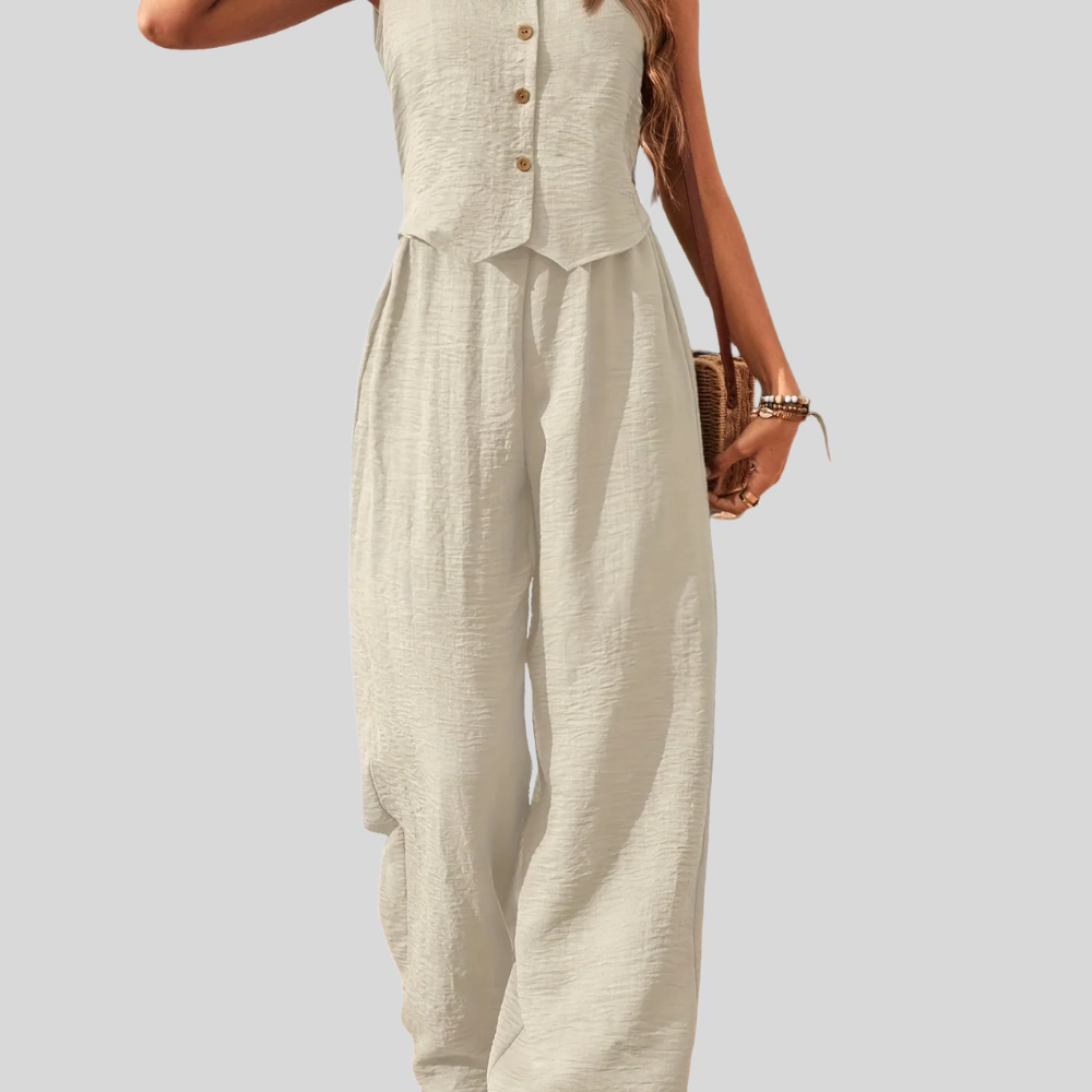 Damen Eleganter Zweiteiler Jumpsuit mit Weste und Weiten Hosen – Freizeit & Sommer Outfit