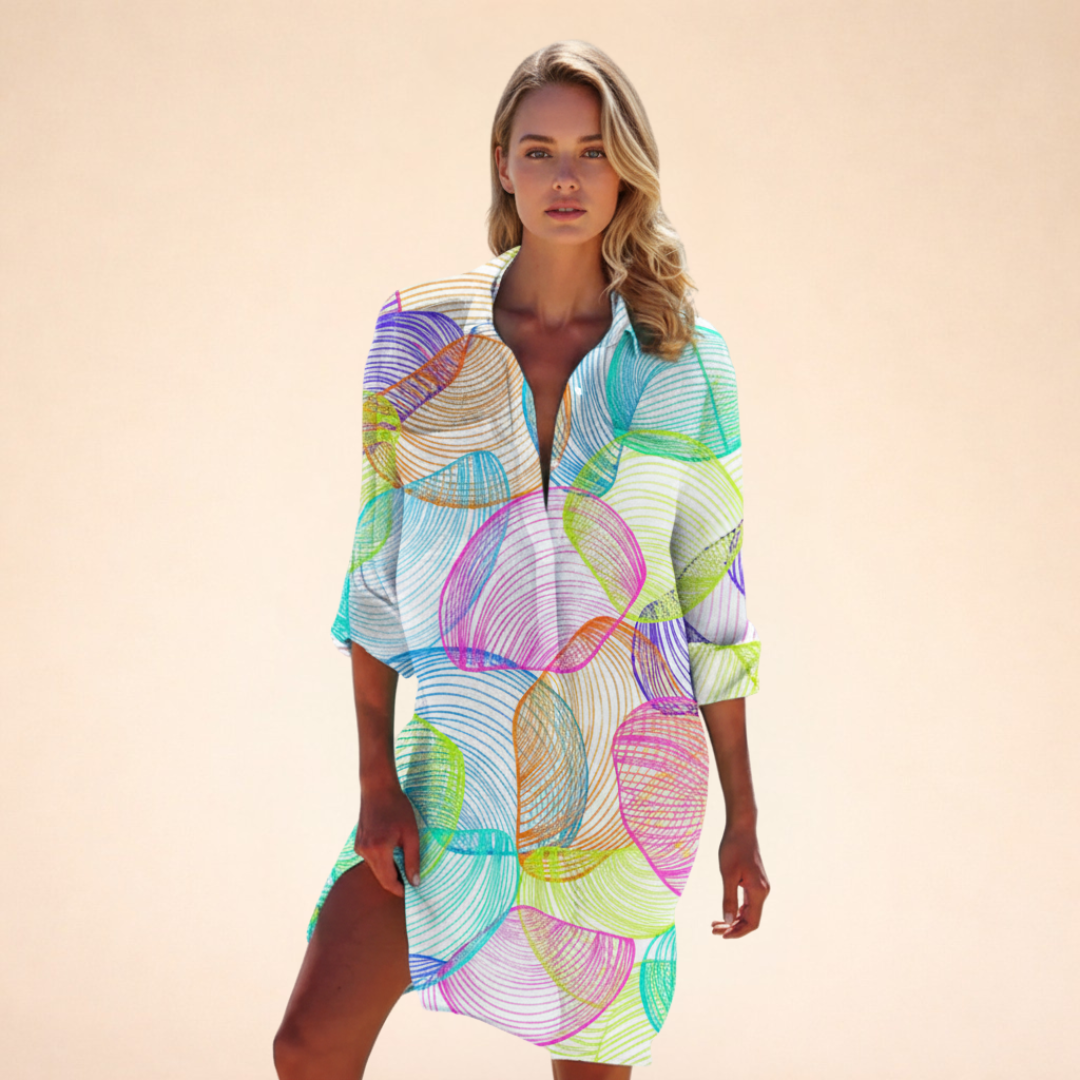 Damen Strand Hemdblusenkleid | Batik Print – Lockerer Schnitt, Knopfleiste & Sommerlicher Beach Style