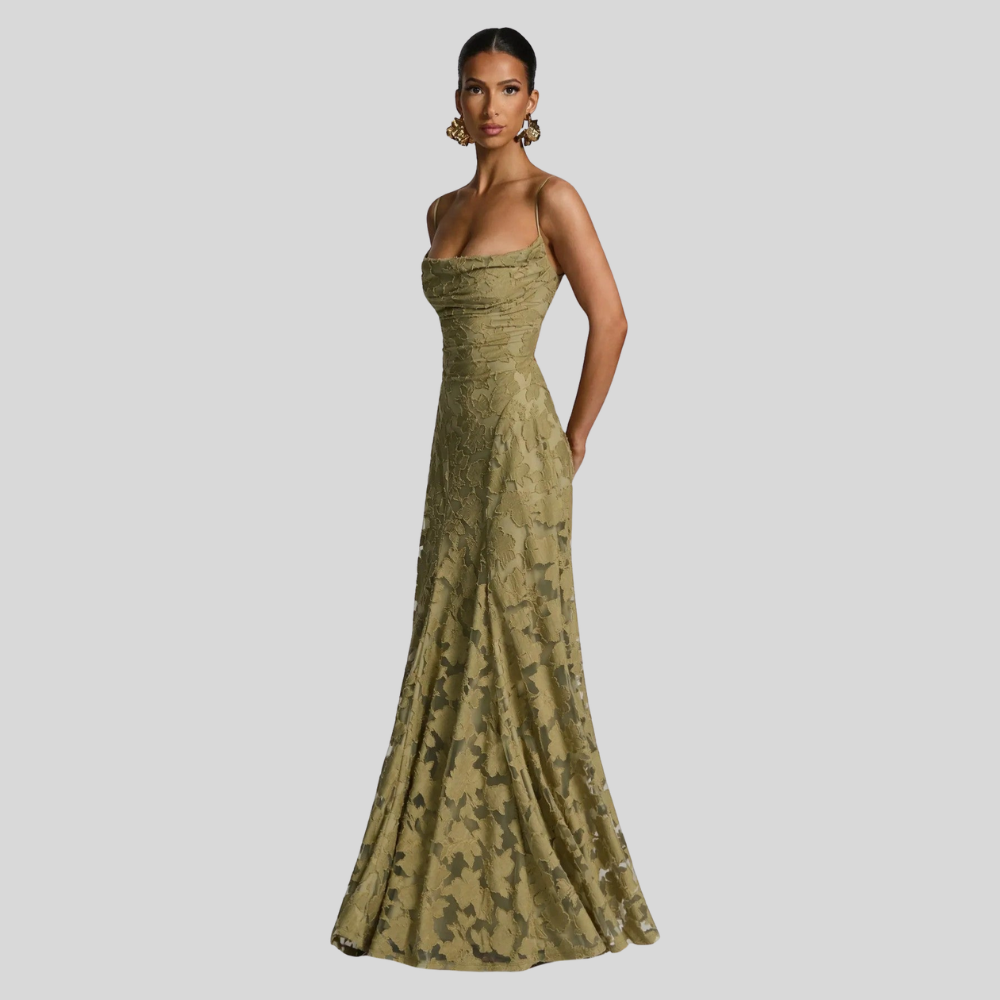 Damen Abend-Maxikleid | Florale Struktur, Spaghettiträger, A-Linien-Schnitt & Eleganter Festlicher Stil