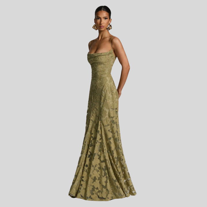 Damen Abend-Maxikleid | Florale Struktur, Spaghettiträger, A-Linien-Schnitt & Eleganter Festlicher Stil
