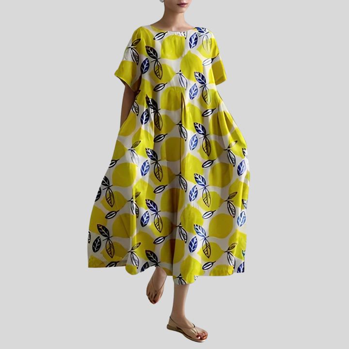Damen Midi-Kleid | Abstrakter Blumenprint, Lockerer Schnitt, Kurzarm & Künstlerisch Modernes Design