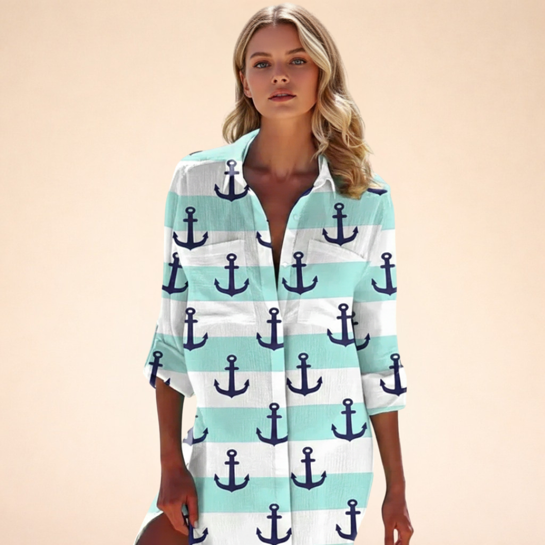 Damen Strand Hemdblusenkleid | Batik Print – Lockerer Schnitt, Knopfleiste & Sommerlicher Beach Style