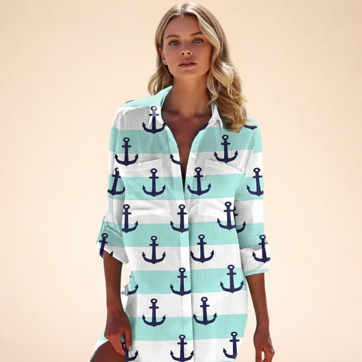 Damen Strand Hemdblusenkleid | Batik Print – Lockerer Schnitt, Knopfleiste & Sommerlicher Beach Style