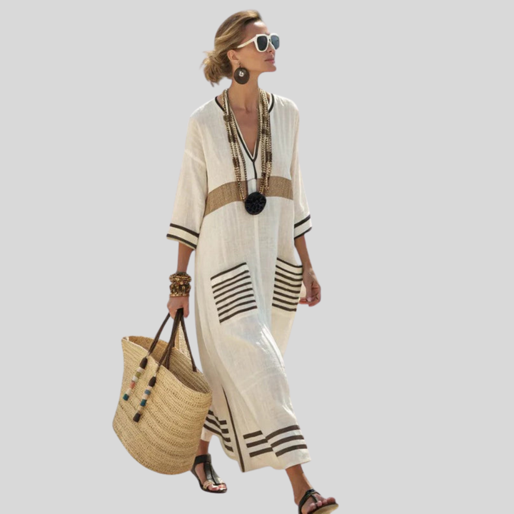Damen Maxi-Kaftankleid | V-Ausschnitt, Lockerer Schnitt, Resort-Stil & Sommerlich Elegante Ausstrahlung
