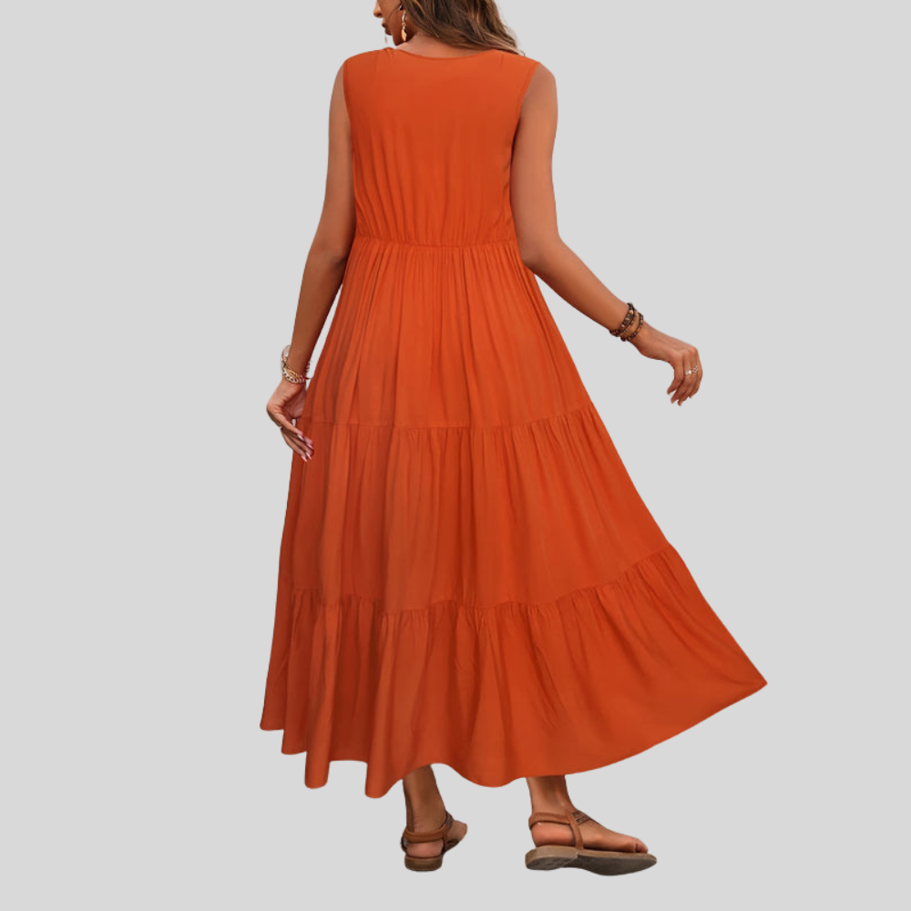 Damen Maxi-Kleid | Ärmelloses Design, V-Ausschnitt, Stufenrock & Sommerlich Eleganter Stil