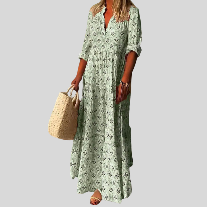 Damen Maxi-Kleid | Boho-Muster, V-Ausschnitt, Krempelärmel & Lässige Ferien-Eleganz