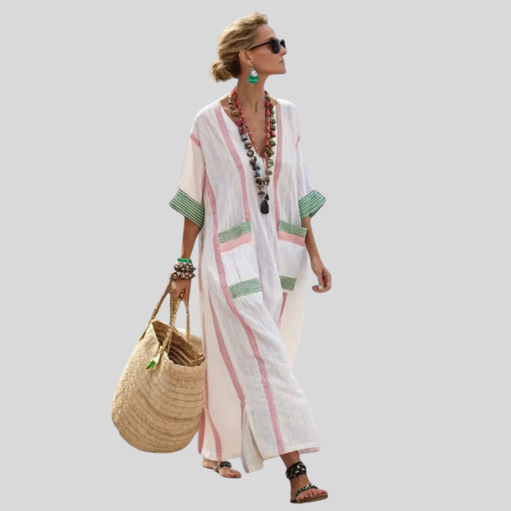 Damen Maxi-Kaftankleid | V-Ausschnitt, Lockerer Schnitt, Resort-Stil & Sommerlich Elegante Ausstrahlung