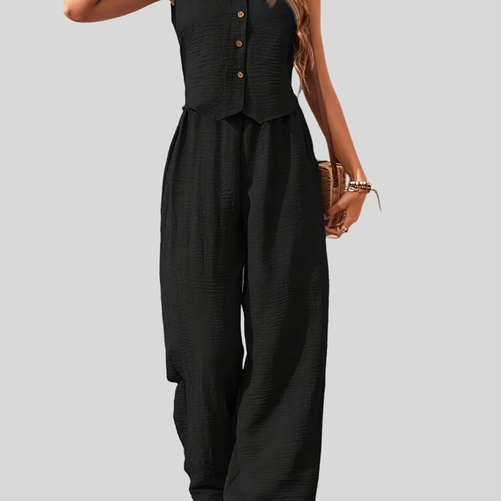 Damen Eleganter Zweiteiler Jumpsuit mit Weste und Weiten Hosen – Freizeit & Sommer Outfit