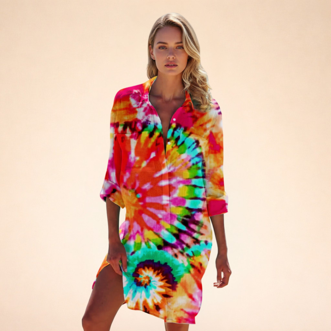 Damen Strand Hemdblusenkleid | Batik Print – Lockerer Schnitt, Knopfleiste & Sommerlicher Beach Style