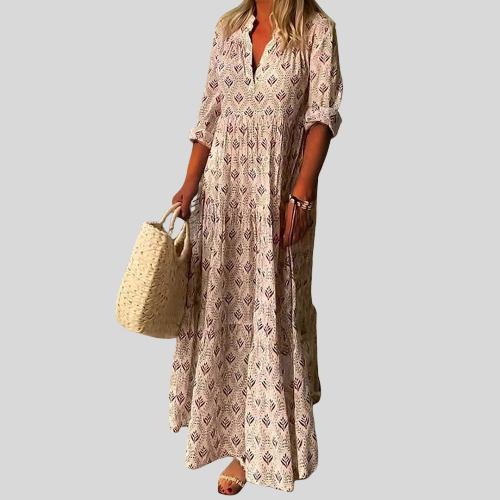 Damen Maxi-Kleid | Boho-Muster, V-Ausschnitt, Krempelärmel & Lässige Ferien-Eleganz