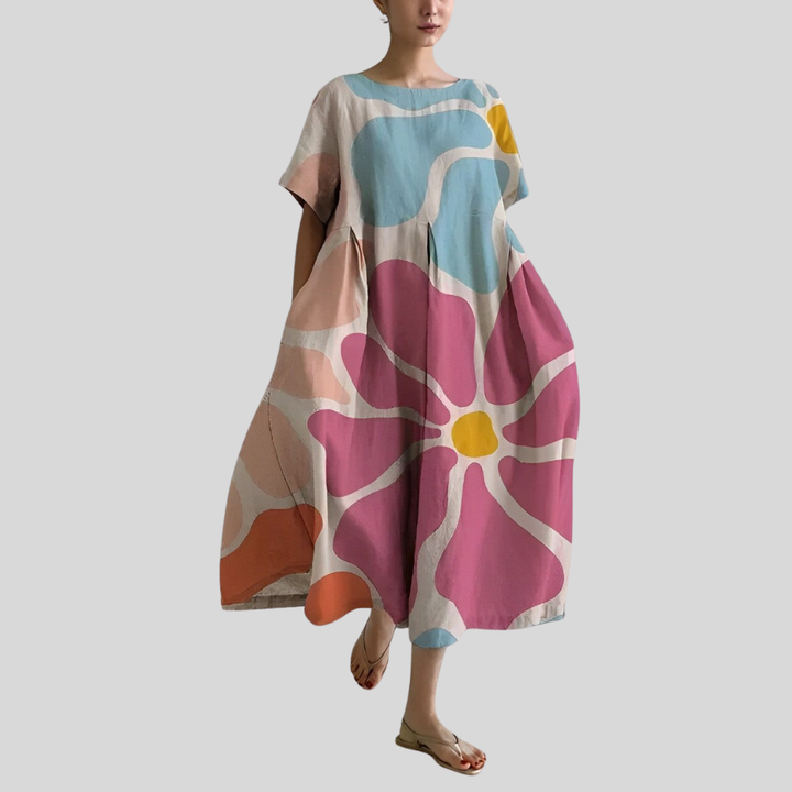 Damen Midi-Kleid | Abstrakter Blumenprint, Lockerer Schnitt, Kurzarm & Künstlerisch Modernes Design