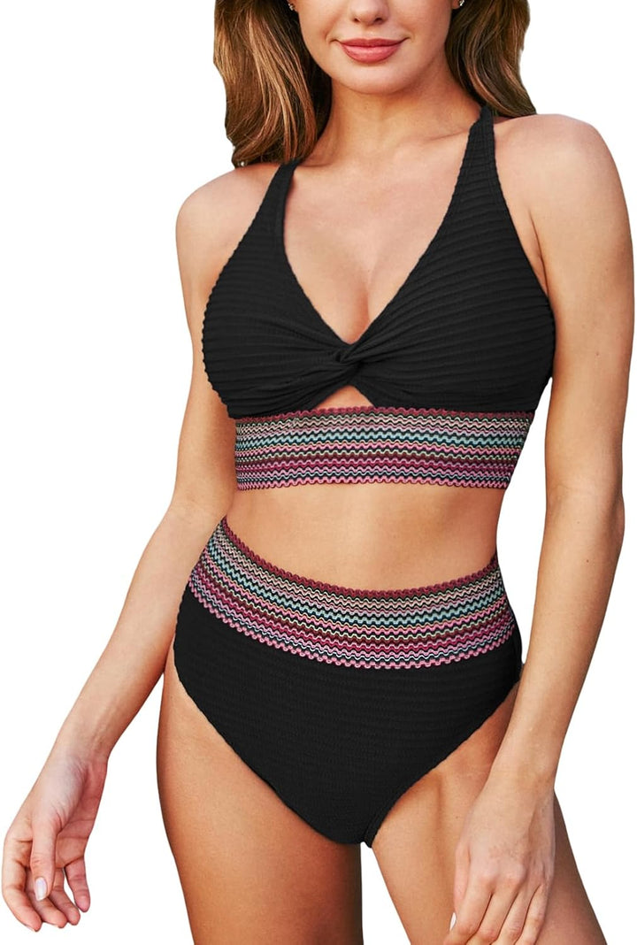 Damen Bikini Set | High-Waist Design, Neon Streifen Detail, Sportlich-Elegant & Moderner Beach Look