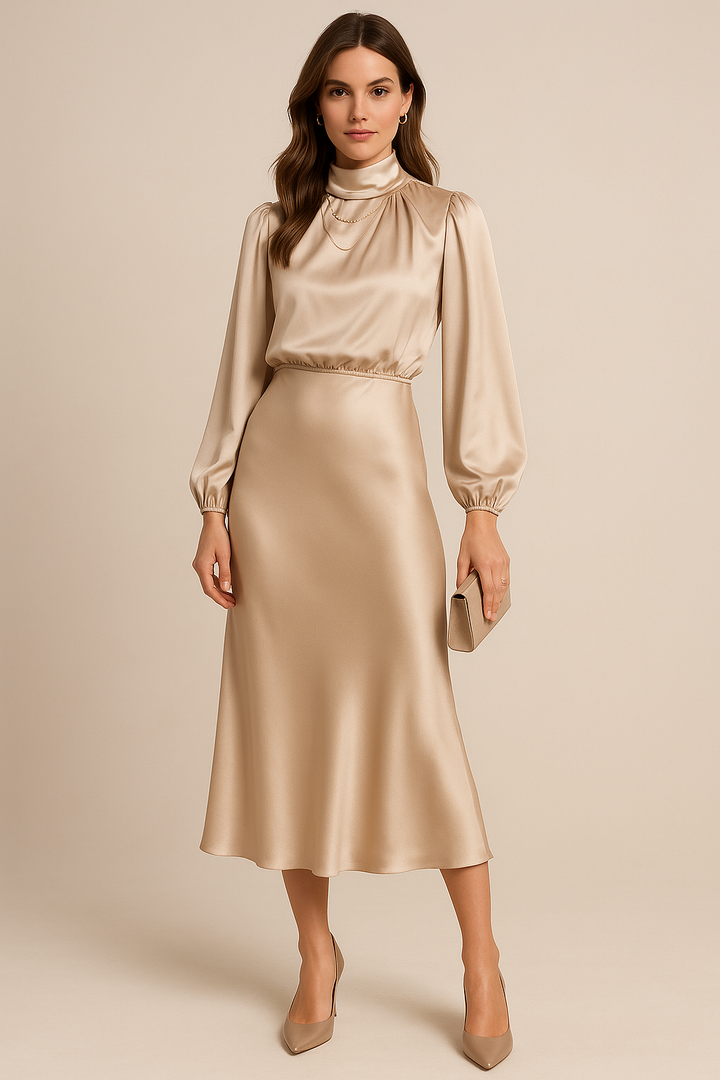 Damen Hoch Tailliertes Midi-Kleid – Satin, Hoher Kragen & Zeitlos Elegant
