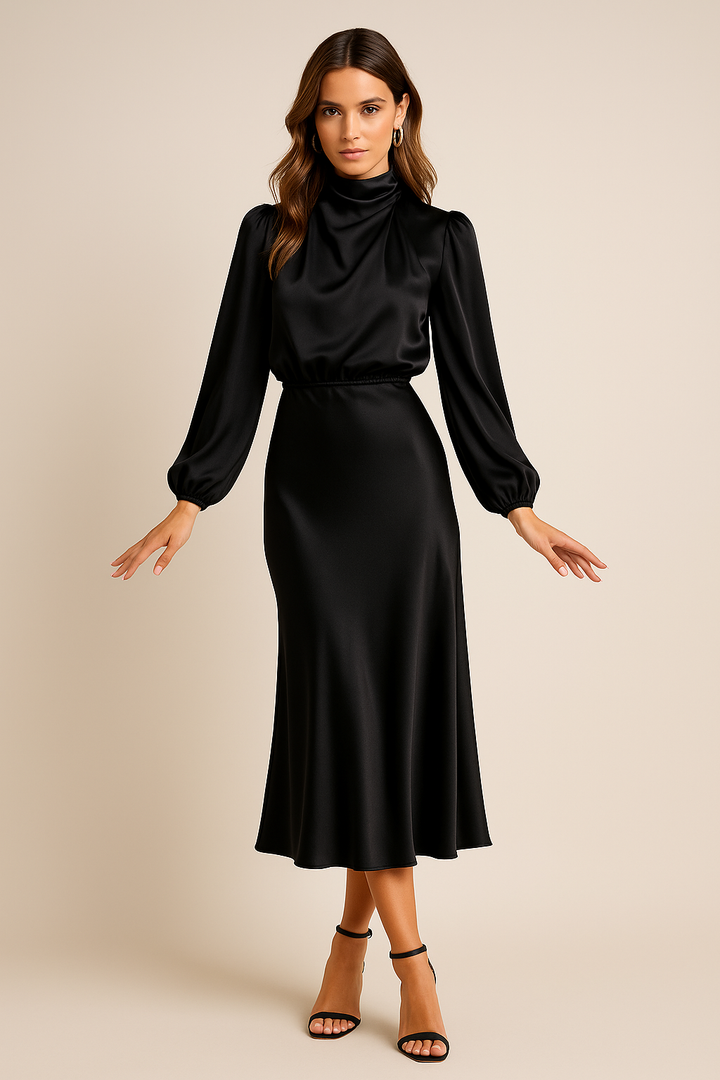 Damen Hoch Tailliertes Midi-Kleid – Satin, Hoher Kragen & Zeitlos Elegant