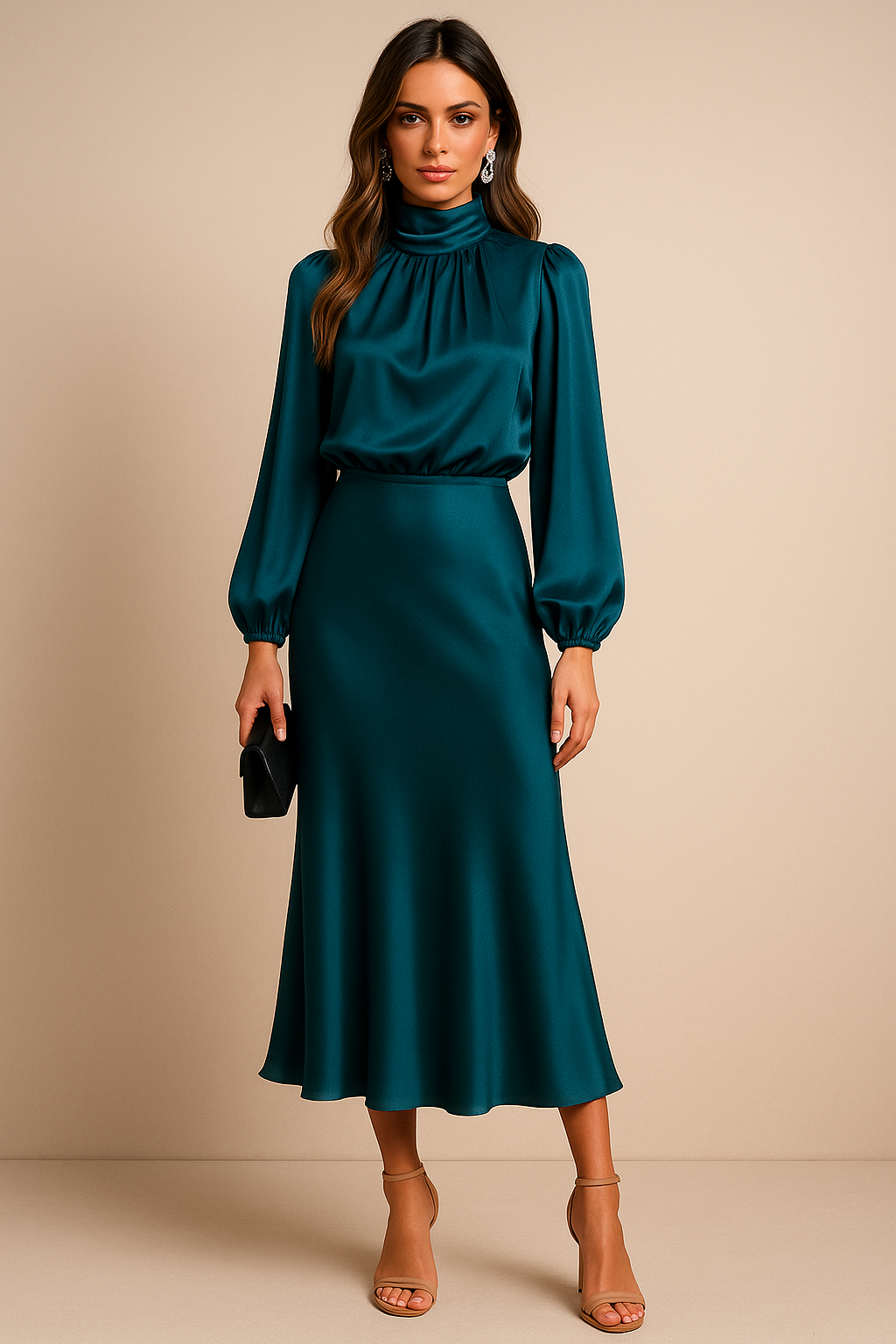 Damen Hoch Tailliertes Midi-Kleid – Satin, Hoher Kragen & Zeitlos Elegant