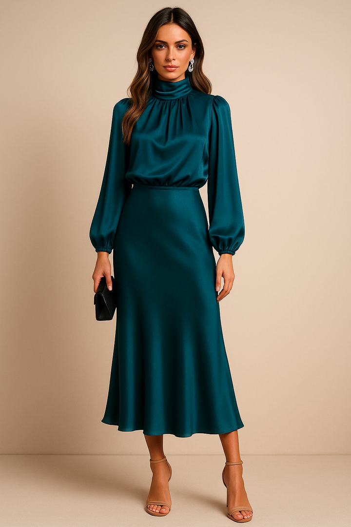 Damen Hoch Tailliertes Midi-Kleid – Satin, Hoher Kragen & Zeitlos Elegant