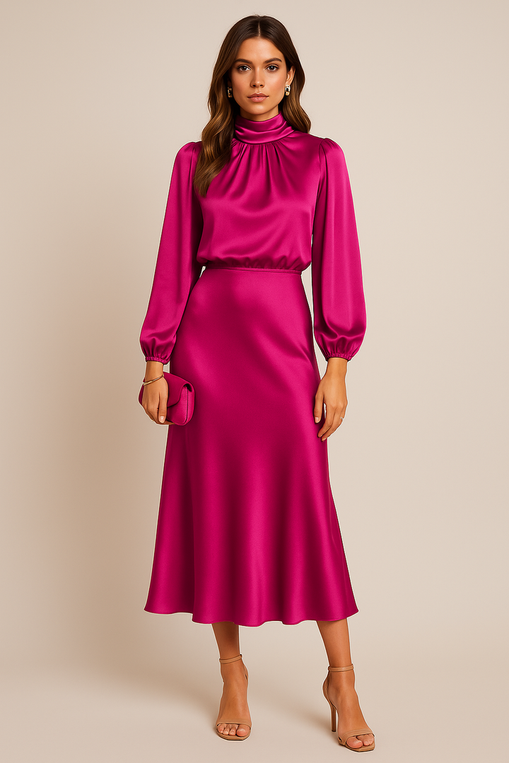 Damen Hoch Tailliertes Midi-Kleid – Satin, Hoher Kragen & Zeitlos Elegant