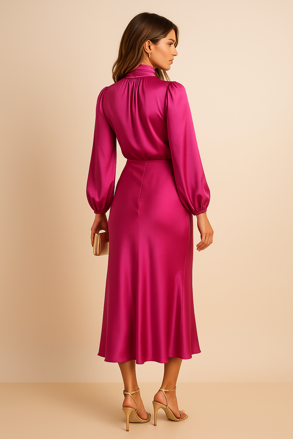 Damen Hoch Tailliertes Midi-Kleid – Satin, Hoher Kragen & Zeitlos Elegant