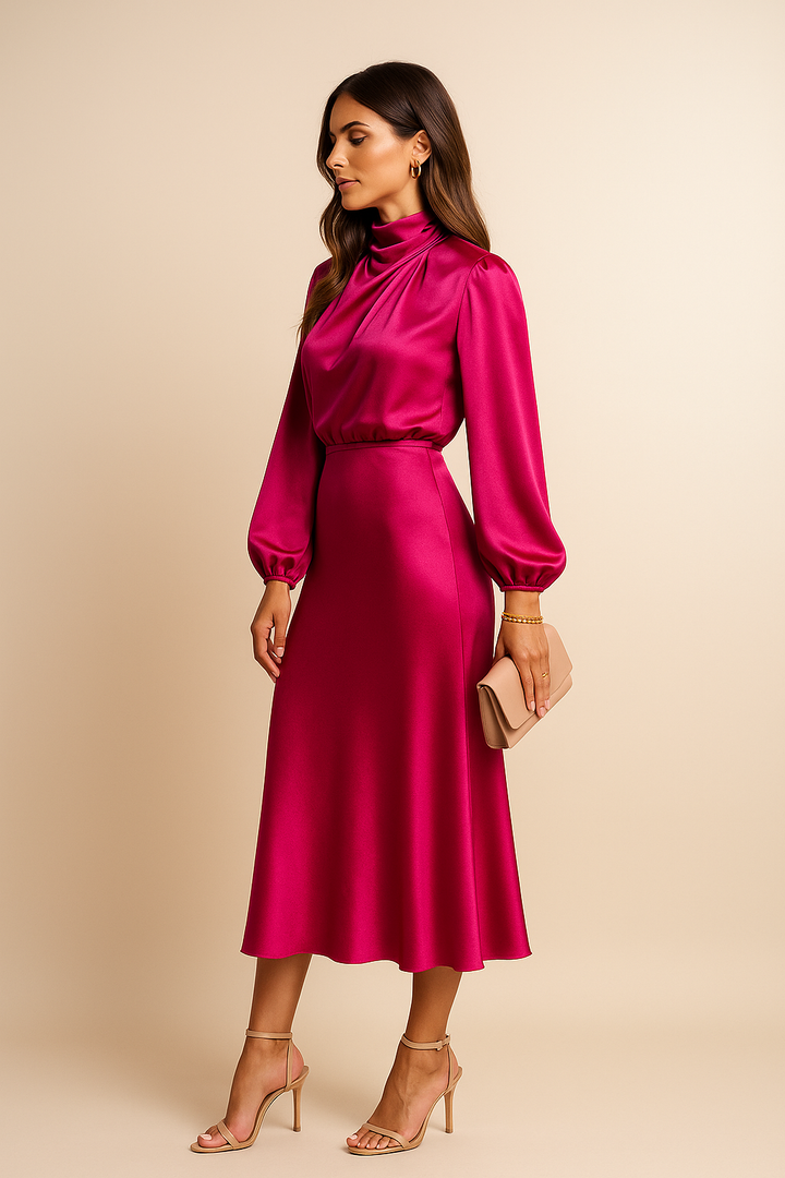 Damen Hoch Tailliertes Midi-Kleid – Satin, Hoher Kragen & Zeitlos Elegant