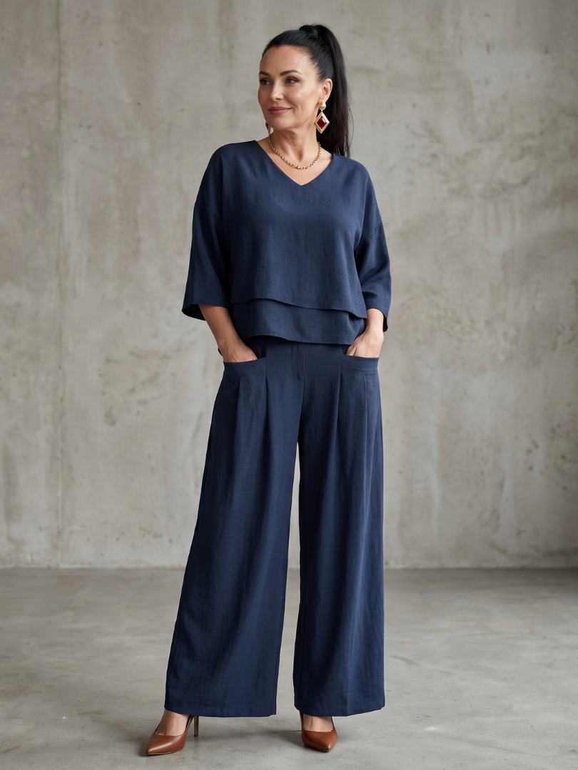 Damen Zweiteiler Set | Leinen Look – Lockerer Schnitt, Weites Bein & Moderner Minimal Chic Stil