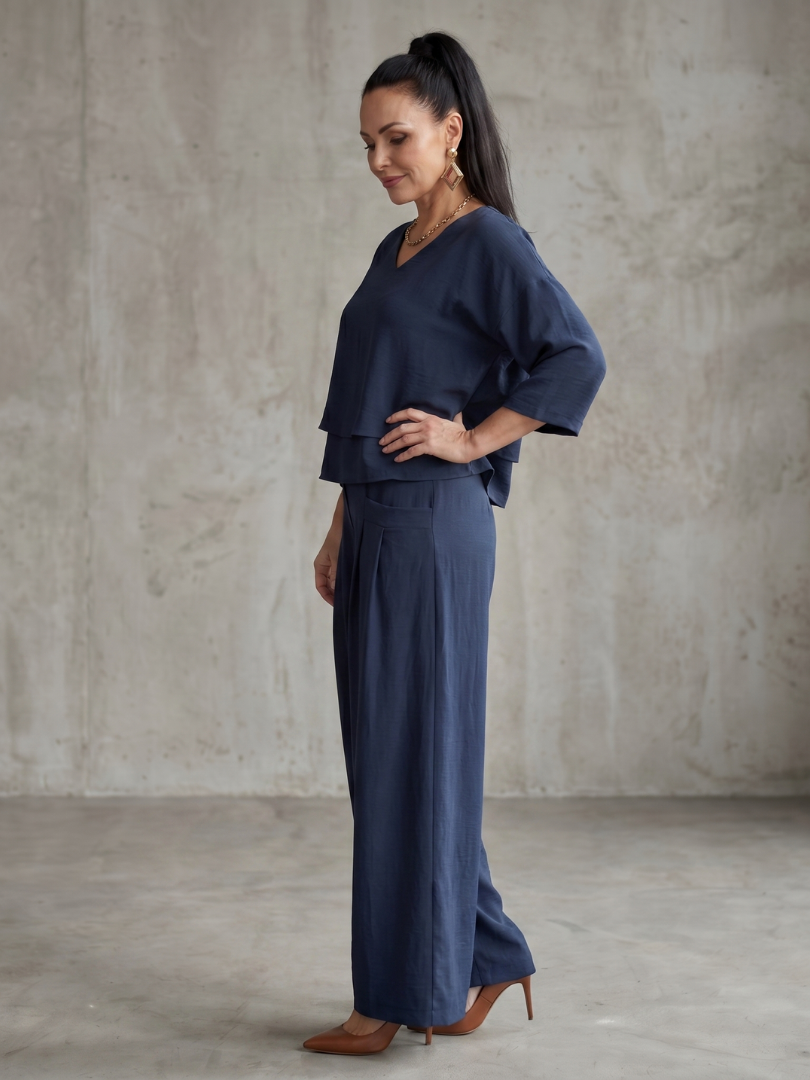 Damen Zweiteiler Set | Leinen Look – Lockerer Schnitt, Weites Bein & Moderner Minimal Chic Stil