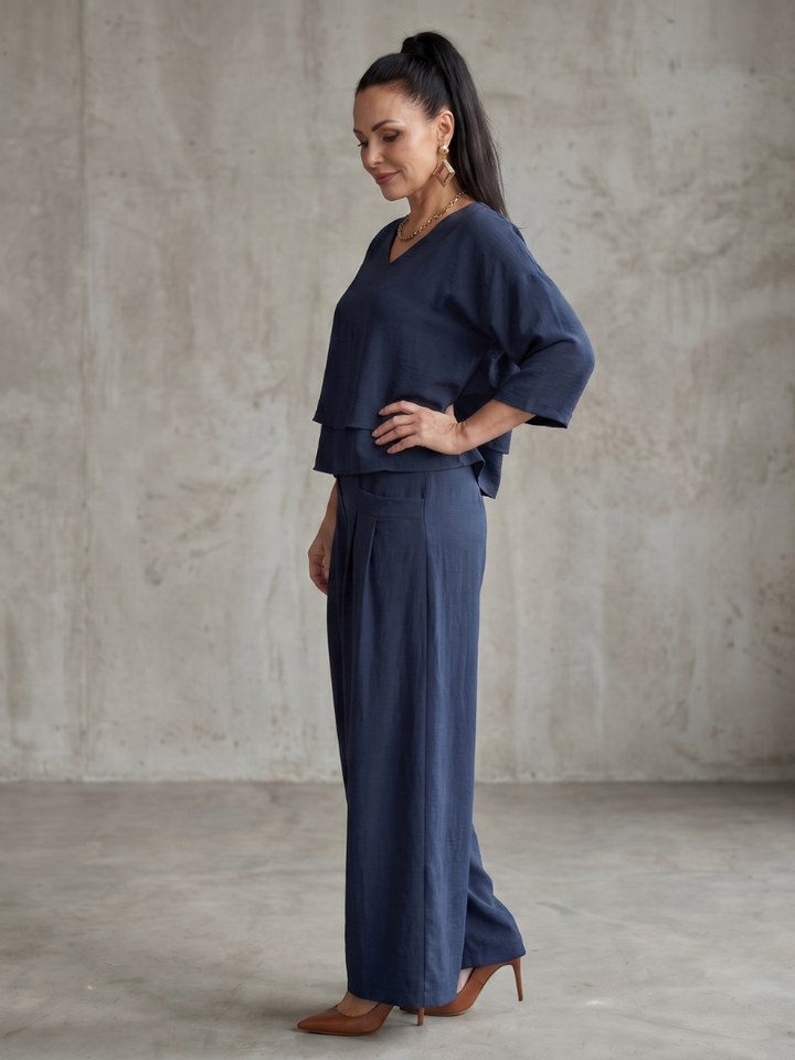 Damen Zweiteiler Set | Leinen Look – Lockerer Schnitt, Weites Bein & Moderner Minimal Chic Stil