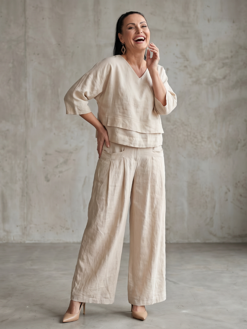 Damen Zweiteiler Set | Leinen Look – Lockerer Schnitt, Weites Bein & Moderner Minimal Chic Stil