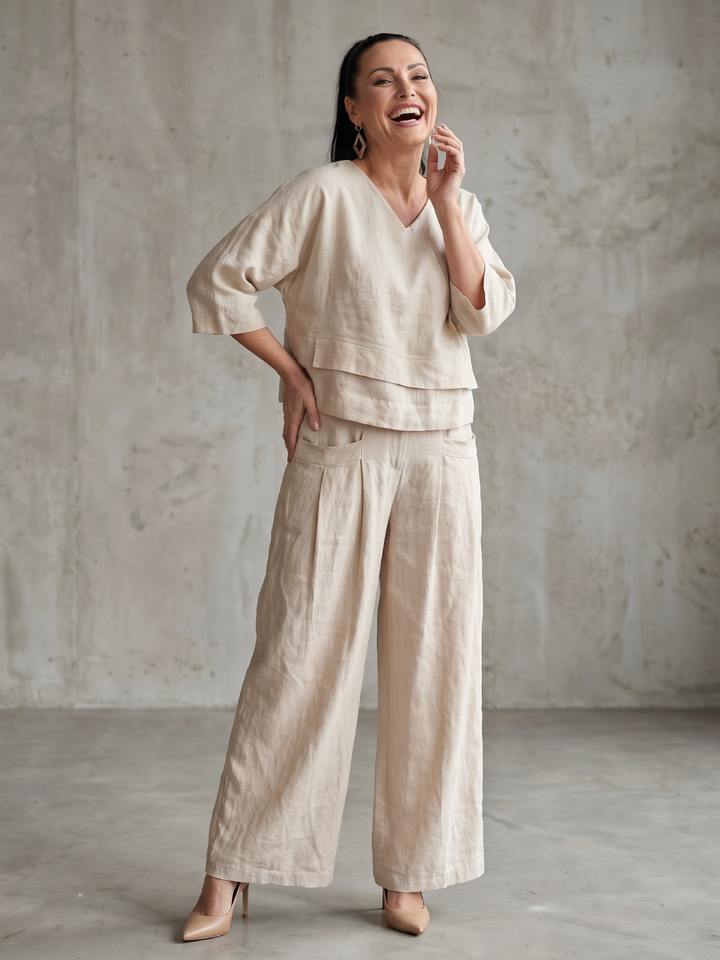 Damen Zweiteiler Set | Leinen Look – Lockerer Schnitt, Weites Bein & Moderner Minimal Chic Stil
