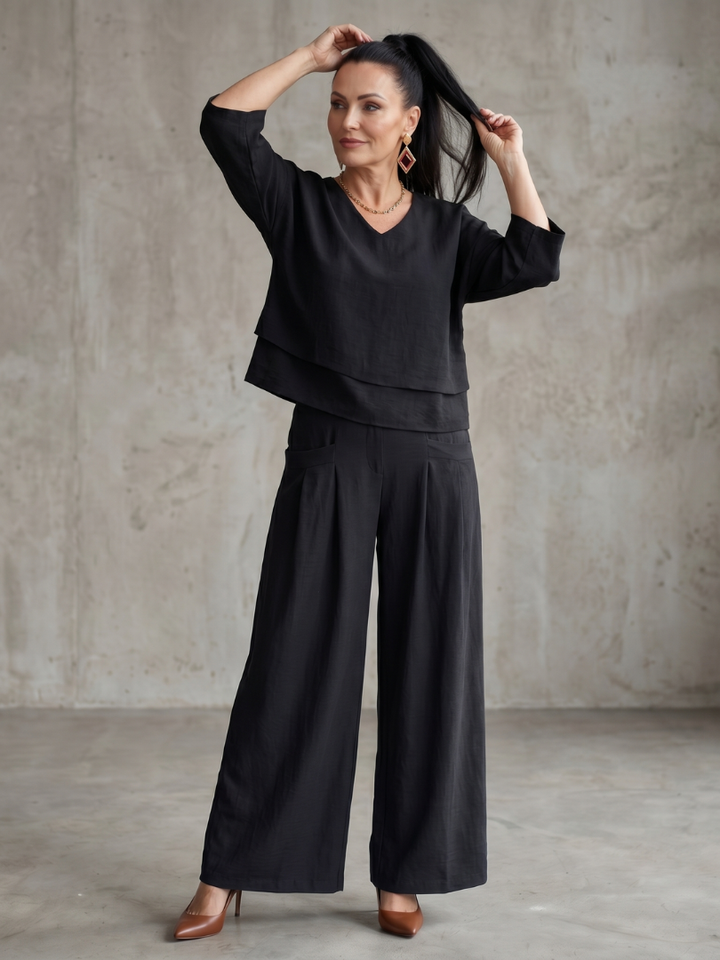 Damen Zweiteiler Set | Leinen Look – Lockerer Schnitt, Weites Bein & Moderner Minimal Chic Stil