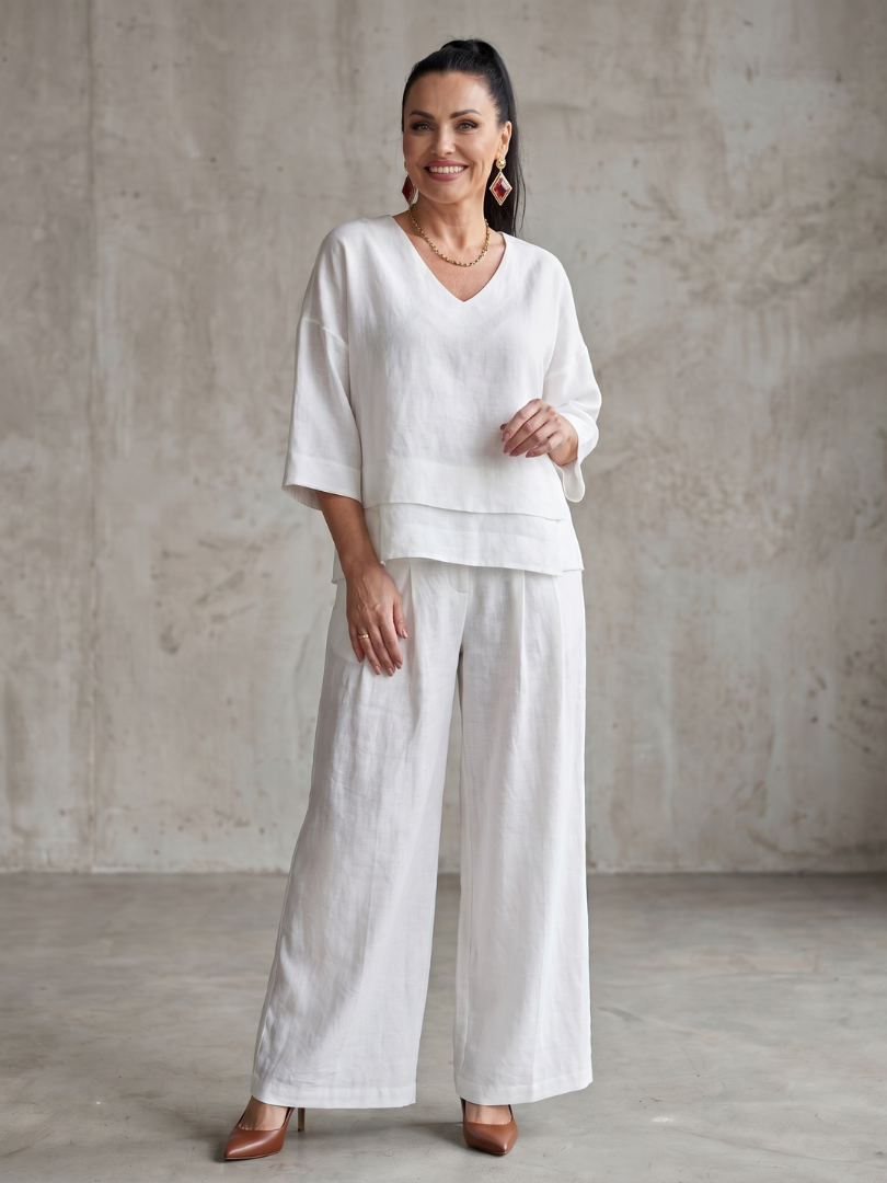 Damen Zweiteiler Set | Leinen Look – Lockerer Schnitt, Weites Bein & Moderner Minimal Chic Stil