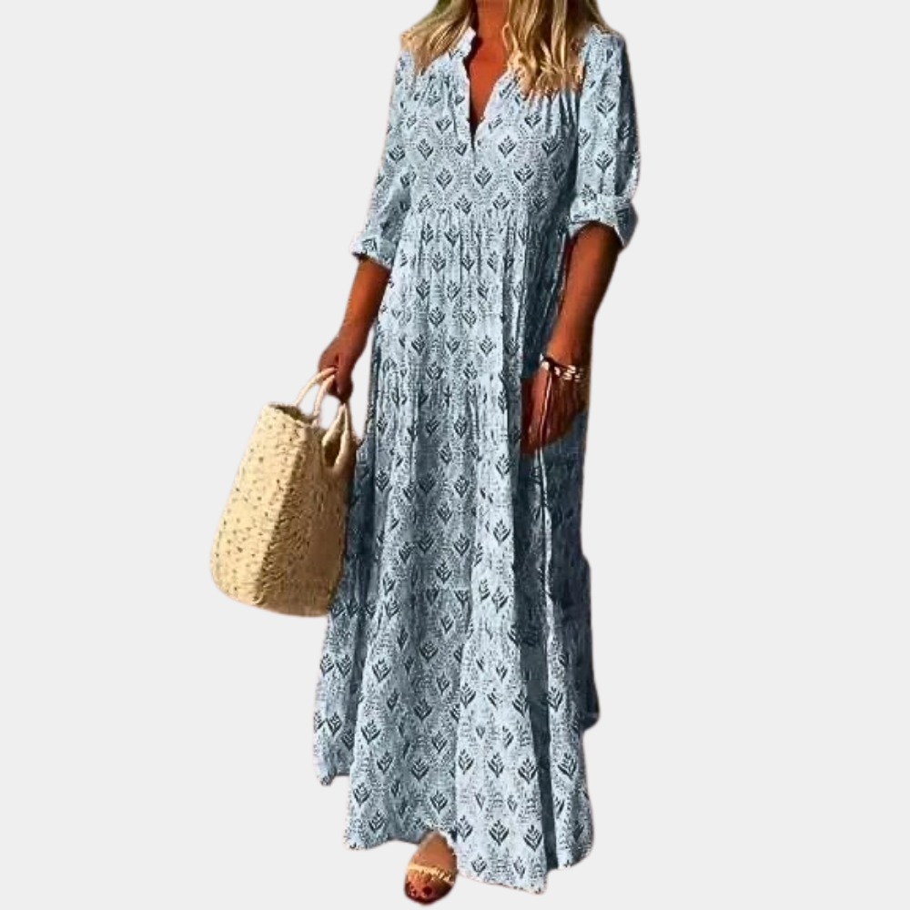 Damen Maxi-Kleid | Boho-Muster, V-Ausschnitt, Fliessende Silhouette & Stilvolle Ferien-Eleganz
