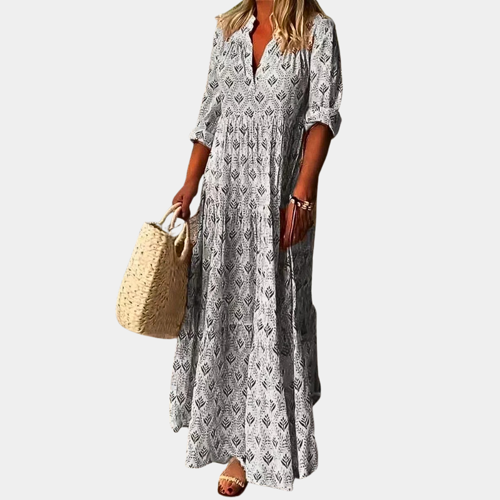 Damen Maxi-Kleid | Boho-Muster, V-Ausschnitt, Fliessende Silhouette & Stilvolle Ferien-Eleganz