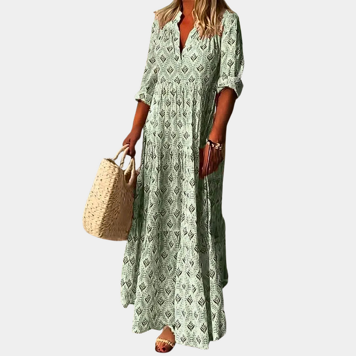Damen Maxi-Kleid | Boho-Muster, V-Ausschnitt, Fliessende Silhouette & Stilvolle Ferien-Eleganz