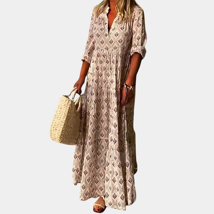 Damen Maxi-Kleid | Boho-Muster, V-Ausschnitt, Fliessende Silhouette & Stilvolle Ferien-Eleganz