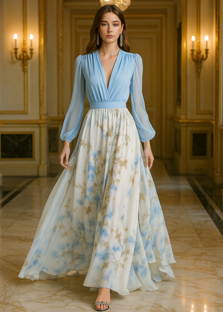 Damen Maxi-Abendkleid – V-Ausschnitt, Blumiger Saum & Transparente Ärmel