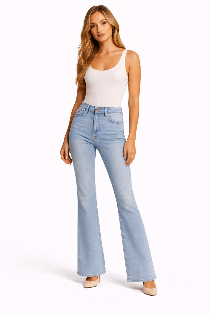 Damen Falten-Jeans – Hoch Tailliert, Ausgestellt & Beinstreckend
