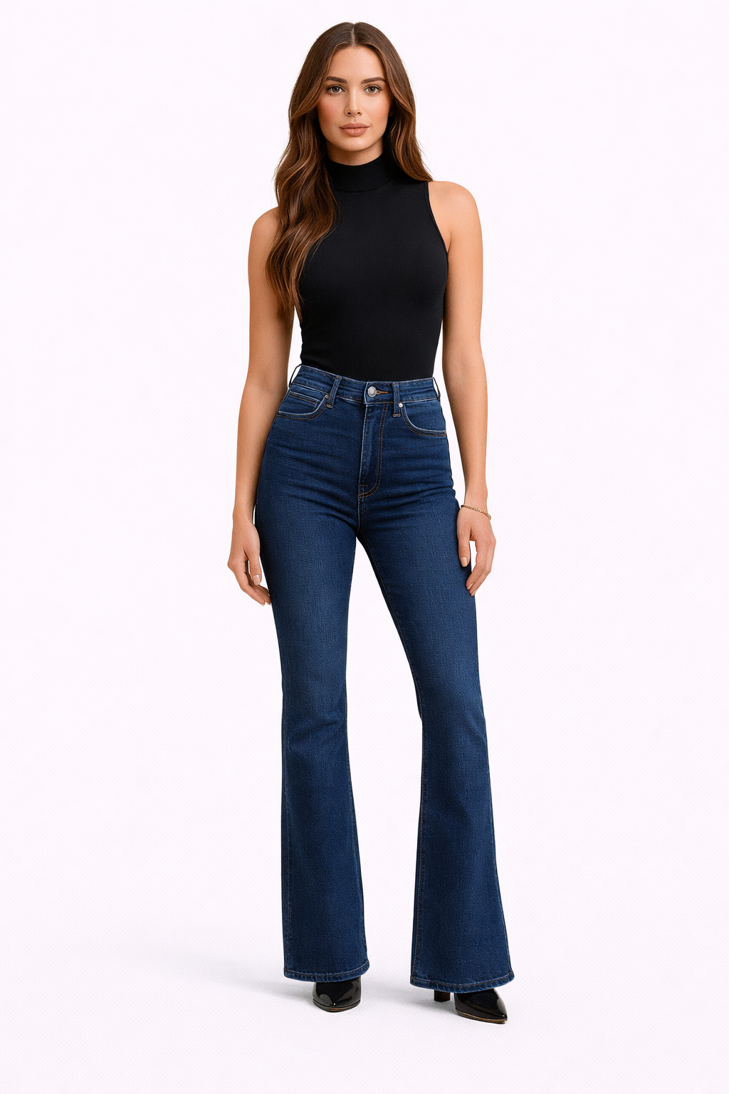 Damen Falten-Jeans – Hoch Tailliert, Ausgestellt & Beinstreckend
