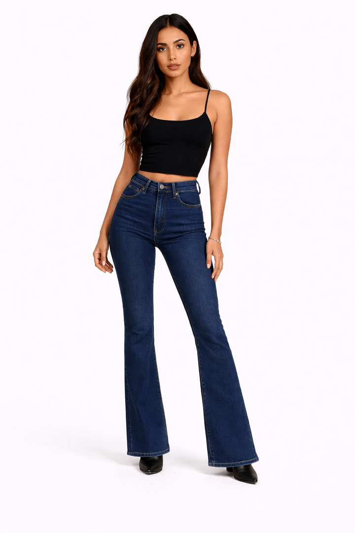 Damen Falten-Jeans – Hoch Tailliert, Ausgestellt & Beinstreckend