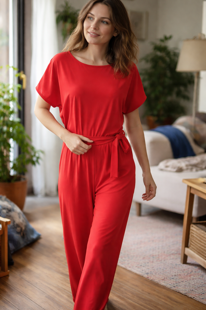 Damen Jumpsuit – Weite Beine, Bindegürtel & Leicht Tailliert