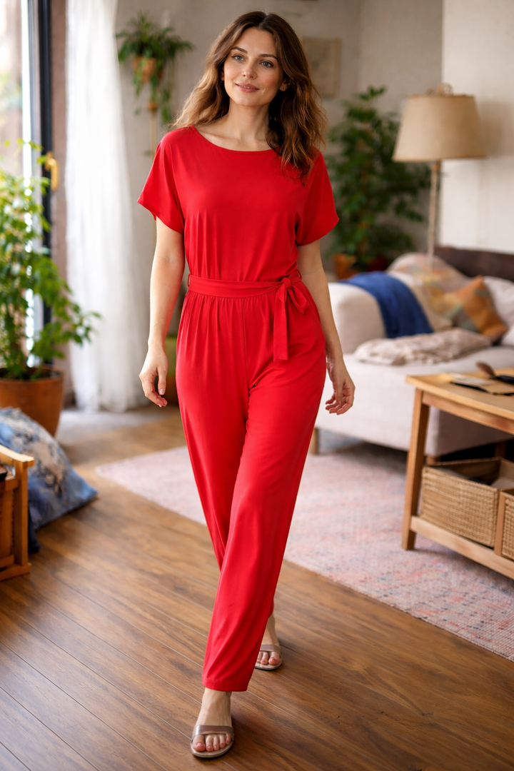 Damen Jumpsuit – Weite Beine, Bindegürtel & Leicht Tailliert