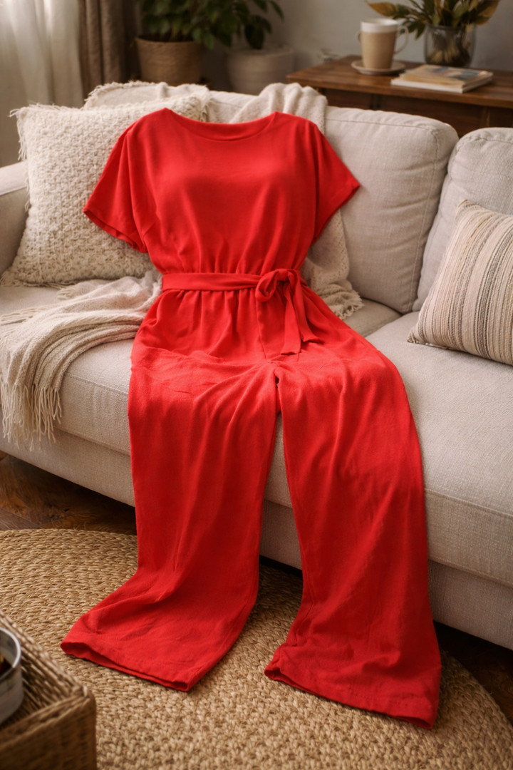 Damen Jumpsuit – Weite Beine, Bindegürtel & Leicht Tailliert