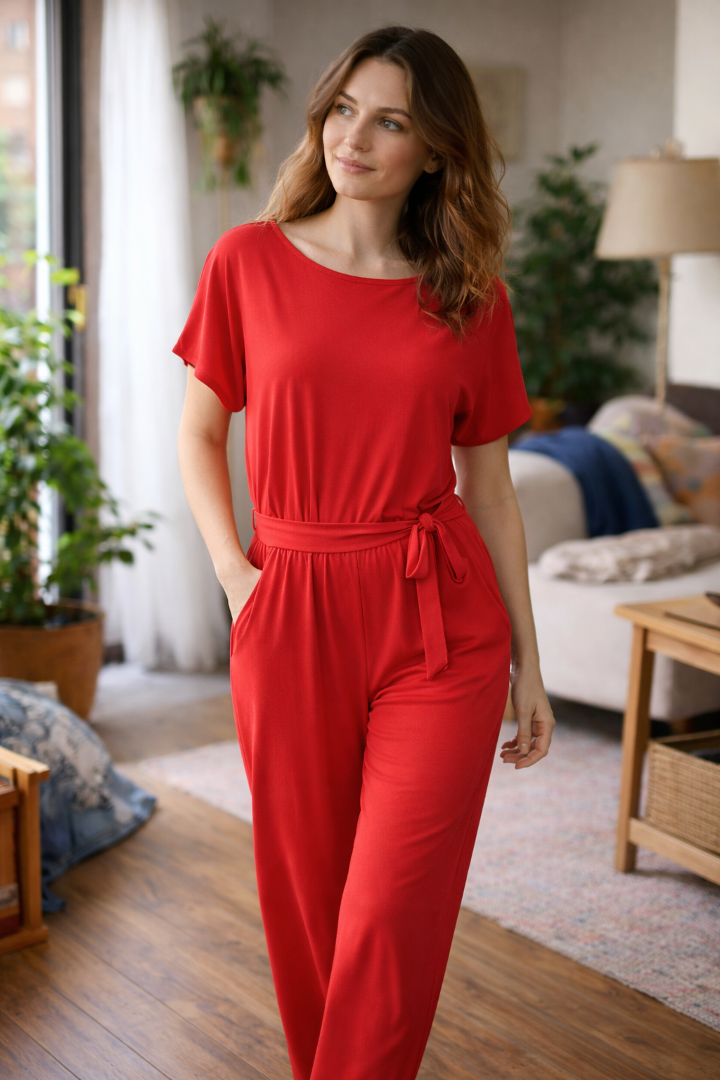 Damen Jumpsuit – Weite Beine, Bindegürtel & Leicht Tailliert